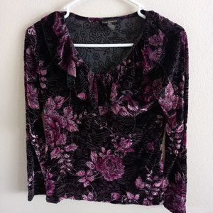 Susan Lawrence Elegant Ruffled Top, Velvet, V-neck
